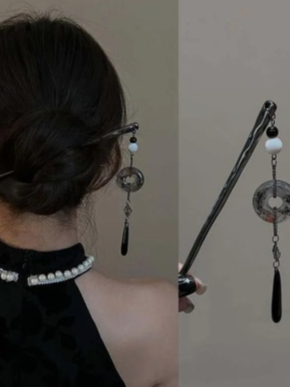Gunmetal Hair Stick with Dangling Bead and Circular Pendant Lotus Charm